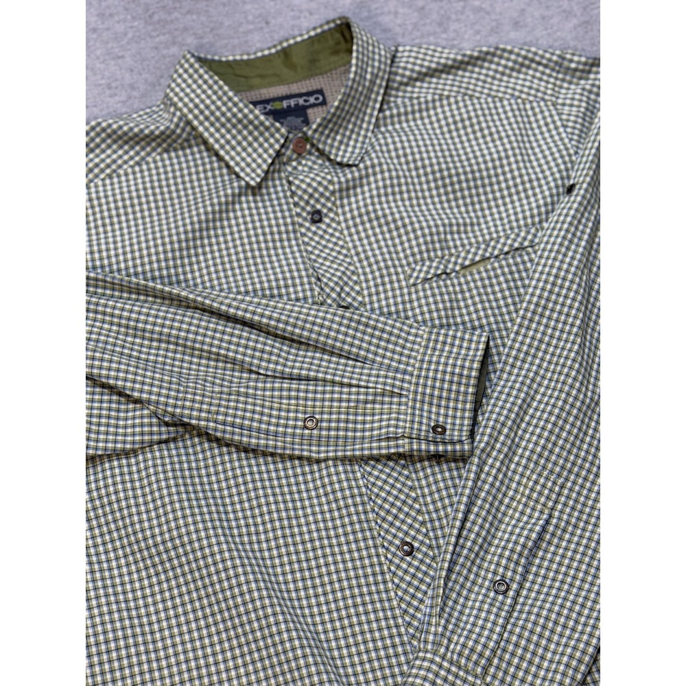 ExOfficio Mens XL Long Sleeve Fishing Hiking Shirt Green Snap Button Vented